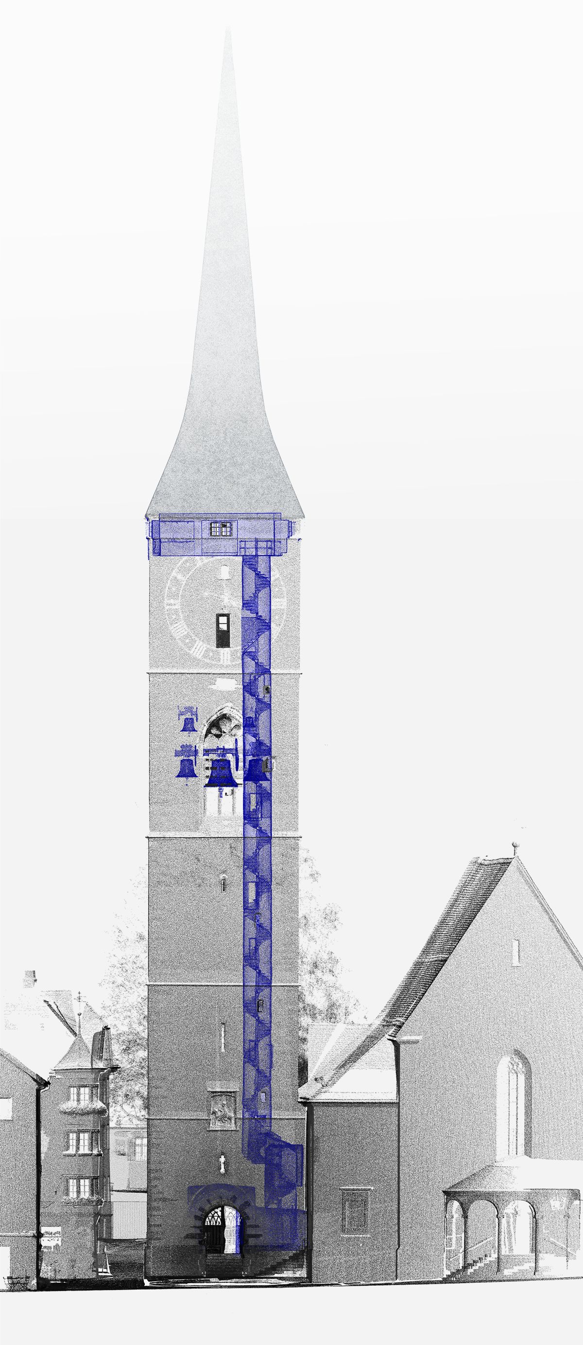 Südansicht der St. Martins Kirche mit Glocken und Wendeltreppe
