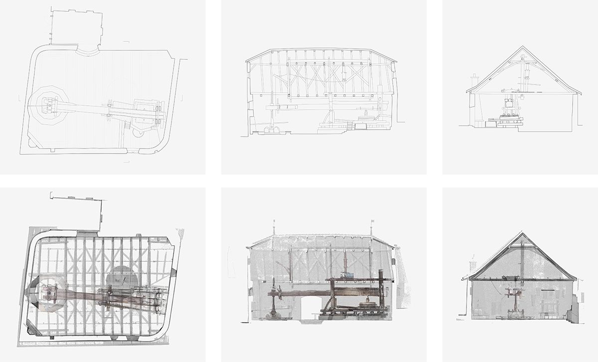Plan und Schnitt des Torculums von Chur. Die Punktwolken wurden bearbeitet, um die Weinpresse hervorzuheben.